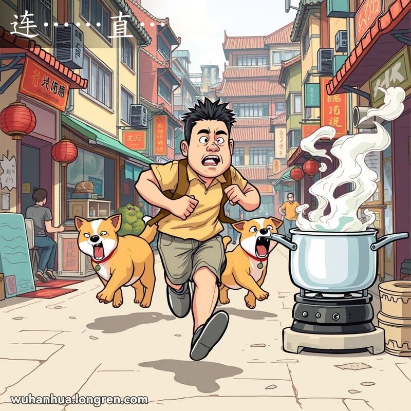 武汉街道上，一个男子不停奔跑，小狗不停吠叫，背景中水剧烈沸腾，表现“连……直……”的含义