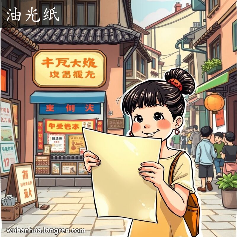 年轻女孩在武汉老街印刷店前手持油光纸，背景展示各种标语和海报