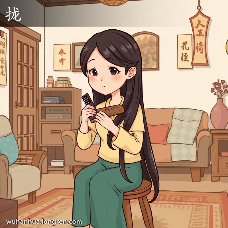 一位年轻女子在武汉传统家庭的客厅中，手持梳子梳理头发，脸上带着宁静而专注的表情，房间内装饰着简朴的木质家具和传统中国装饰。