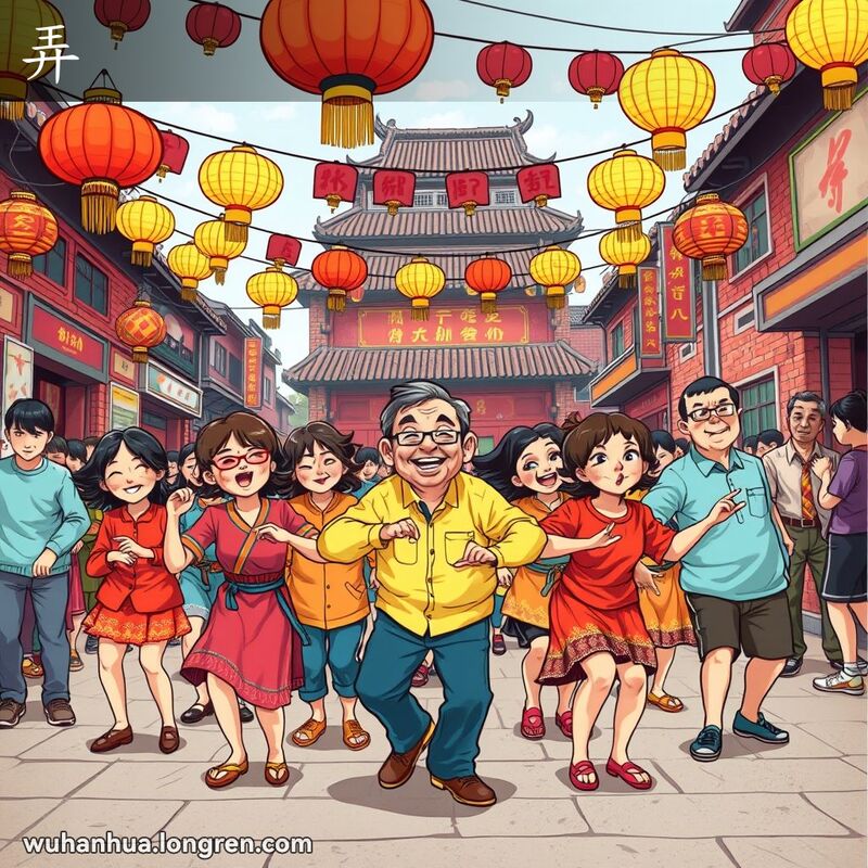 武汉街头节庆场景，当地人表演传统秧歌舞，背景是红砖墙和老式招牌