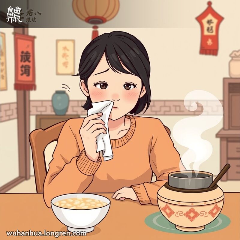 一位武汉女子坐在餐桌旁，用纸巾捂着鼻子，表情不适，鼻子堵塞，声音模糊不清，背景是温馨的家庭环境