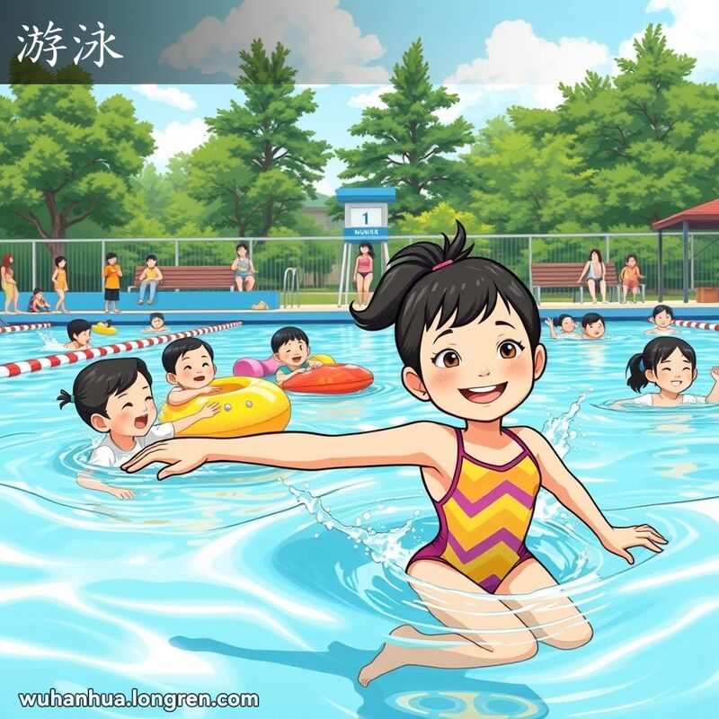 一个充满活力的夏日游泳池场景，小女孩在游泳，孩子们在玩水，救生员在监视，周围有绿树和长椅。