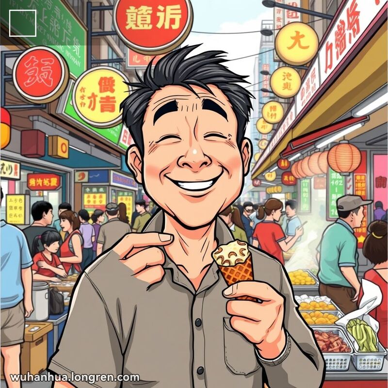 一位中年男子在武汉街头市场小吃摊前咂嘴，背景是热闹的市场和摊位招牌