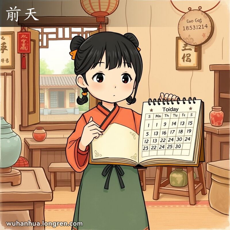 一位穿着传统服饰的女孩手持日历，指着前天的日期，背景是中式庭院