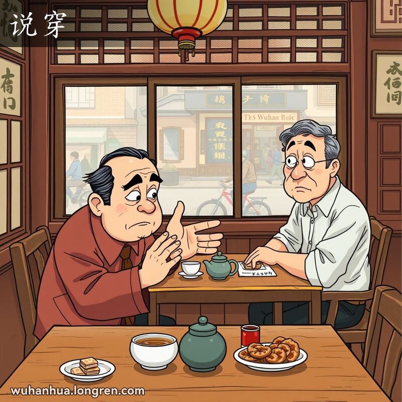 两位中年男子在武汉茶馆内交谈，一人神情严肃，手势丰富，仿佛在揭示秘密，另一人表情惊讶好奇，背景有茶具和武汉街景。
