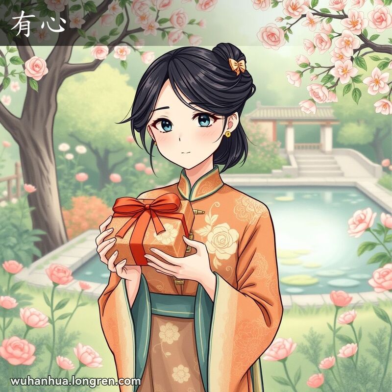 一位身穿传统中式服装的年轻女子站在花园中，手持礼物盒，脸上带着“有心”的表情，背景是花园景色