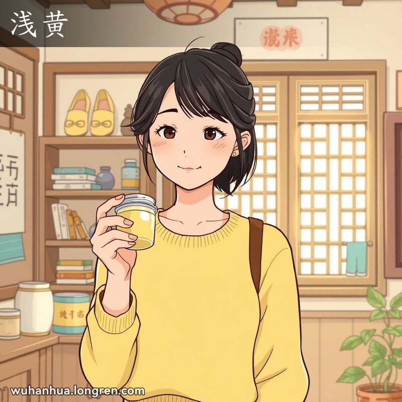 一位武汉年轻女子在房间里手持浅黄色药膏，背景有浅黄色鞋子和油漆，房间充满自然光。