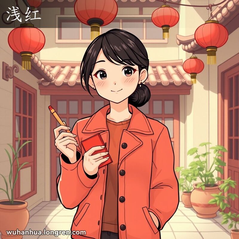 一位武汉女子站在传统庭院中，身穿浅红色绒衣，手持浅红色盒子和笔，背景有红灯笼和盆栽。