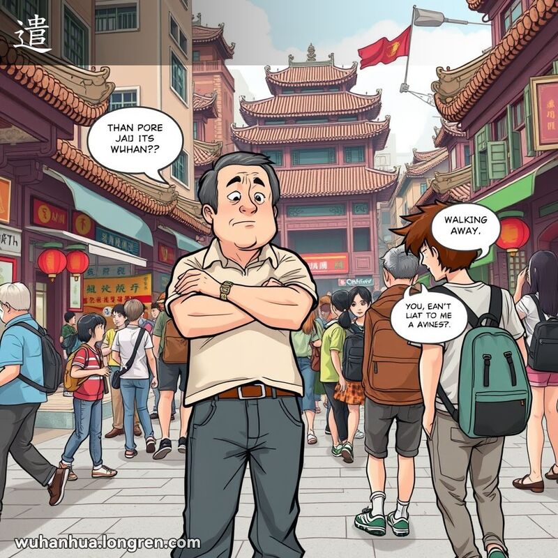 一位中年男子在武汉街头挥手示意年轻人离开，背景是繁忙的老街景