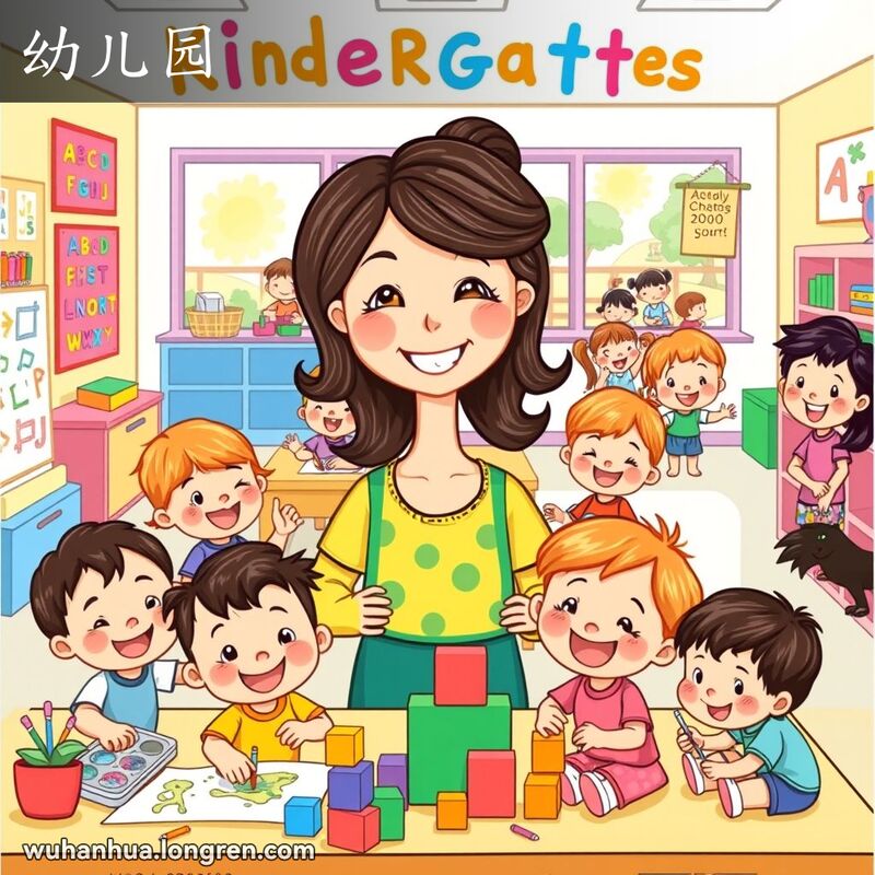 一个充满活力的幼儿园教室，老师和孩子们在一起玩耍和学习，背景是阳光明媚的操场。
