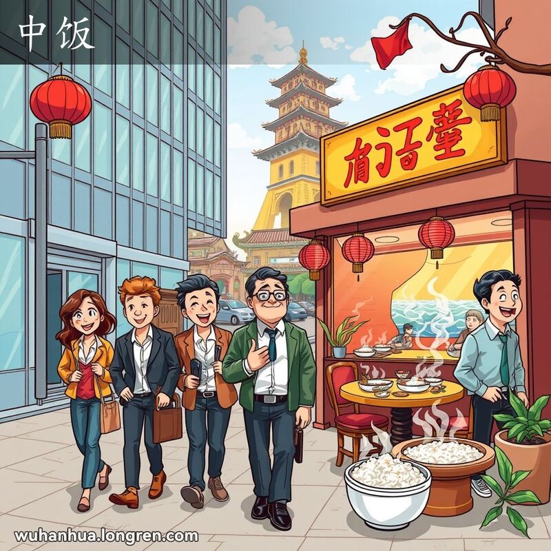 一群办公室工作人员午间走出办公楼，前往传统中餐馆用餐，背景是黄鹤楼和长江