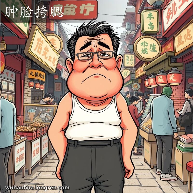 一位中年武汉男子脸部浮肿，表情不适，站在热闹的街市中，背景有小摊贩和老式招牌。