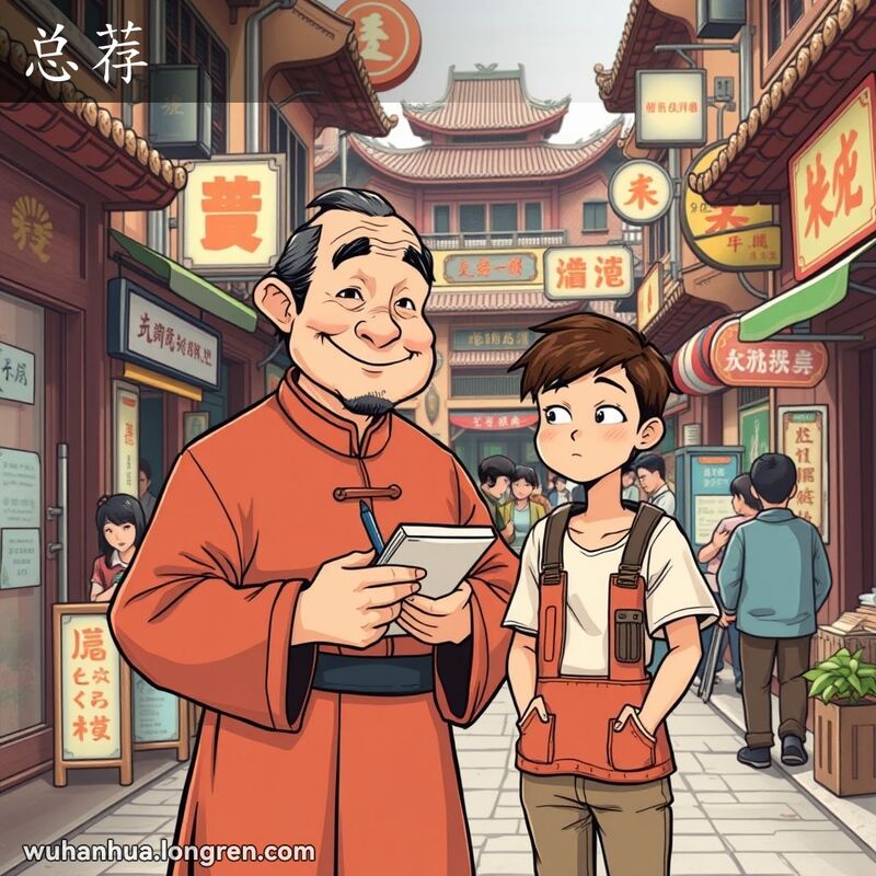 武汉老街上，一位中年男子手持小本子和笔，自信地微笑着，指向身旁一位年轻人，背景是繁忙的街景和店铺招牌。