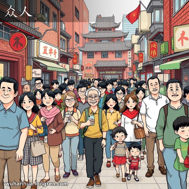 武汉街道上形形色色的人们在进行日常活动，背景是武汉老街景