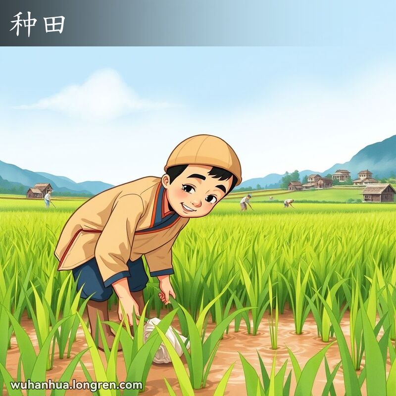 一位穿着传统服饰的农民在稻田中插秧，背景是其他农民和小村庄，画面宁静祥和。