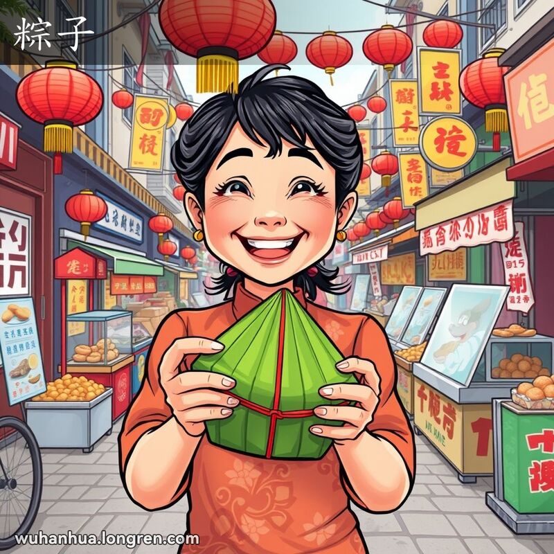 一位武汉妇女在端午节手持粽子，背景是热闹的节日街景，有红灯笼和龙舟比赛海报