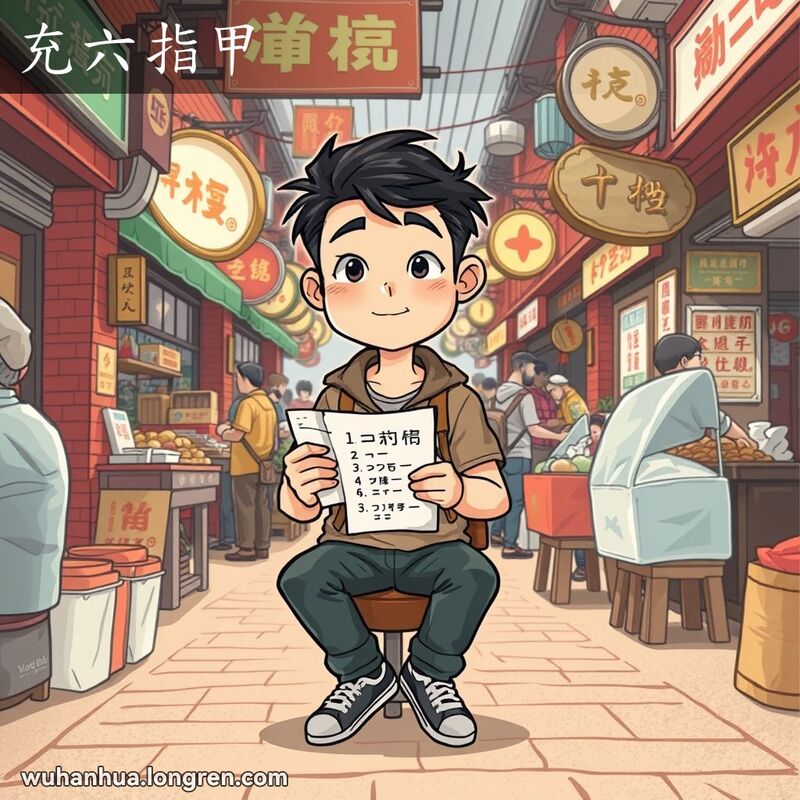 一位年轻的武汉男子坐在市场中，手持任务清单，神情坚定，背景是武汉老街景
