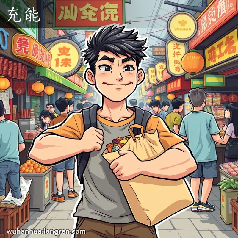 一位年轻的武汉男子在市场中手提杂货，显得自信满满，背景是繁忙的市场景象