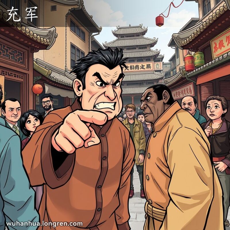 一位武汉市民在街头与人发生冲突，面露愤怒，周围人们惊讶观望，表现“充军”的场景。