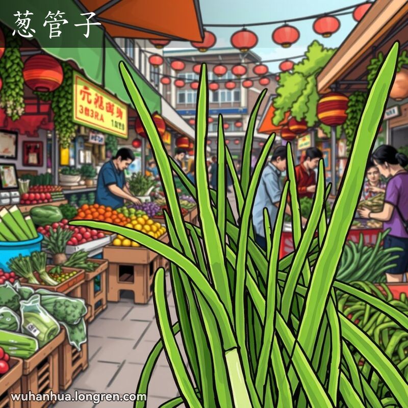 武汉露天市场中的一束葱管子，背景有其他摊位和顾客