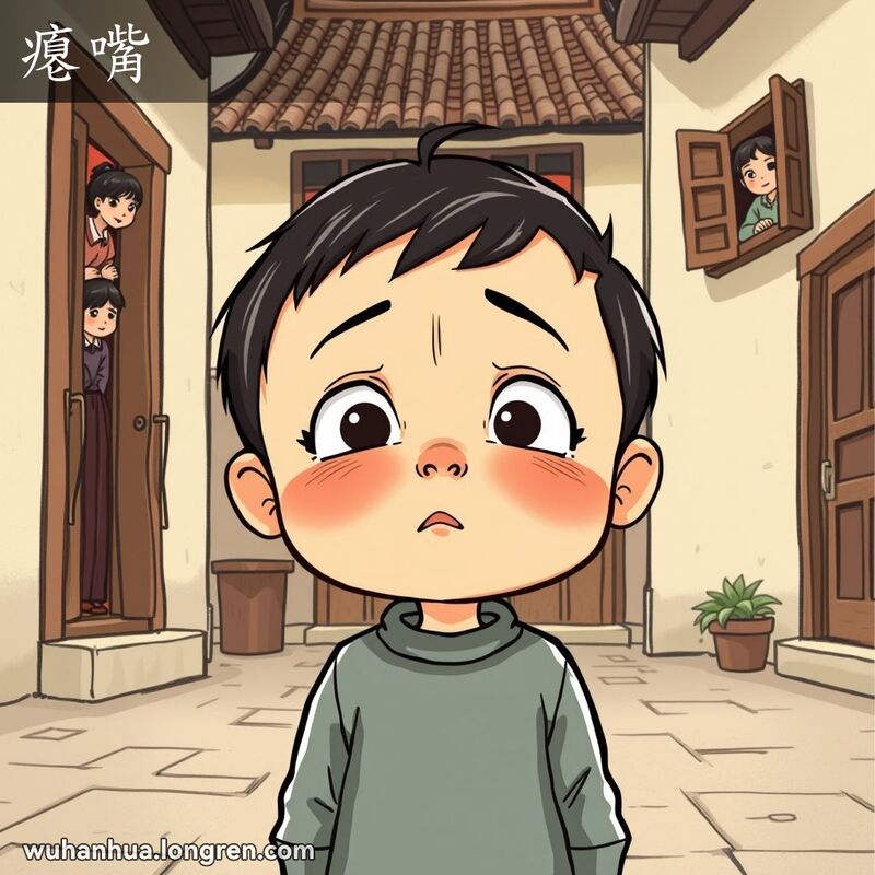 一位武汉小孩在传统院落中，嘴巴微微凹陷，下唇向前伸出，嘴角向下，显露出一副要哭的表情，背景中有邻居探出头来。