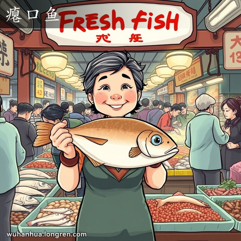 武汉鱼市场中，一位中年妇女骄傲地展示比目鱼，背景是热闹的市场和其他海鲜摊位。