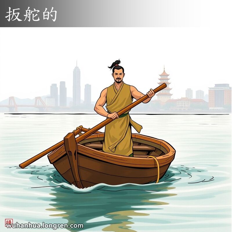 一位船工站在木船尾部，手握大木舵，背景是长江和黄鹤楼