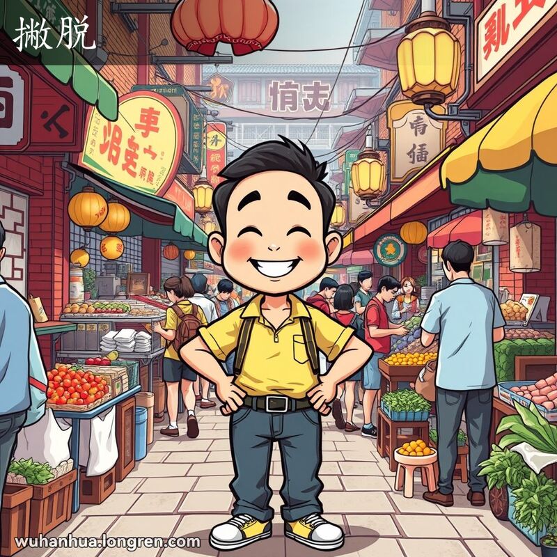 一位武汉男子在热闹的街市中自信地站立，双手叉腰，脸上带着爽朗的笑容，周围是各种摊位和顾客，背景是武汉老街市的景象