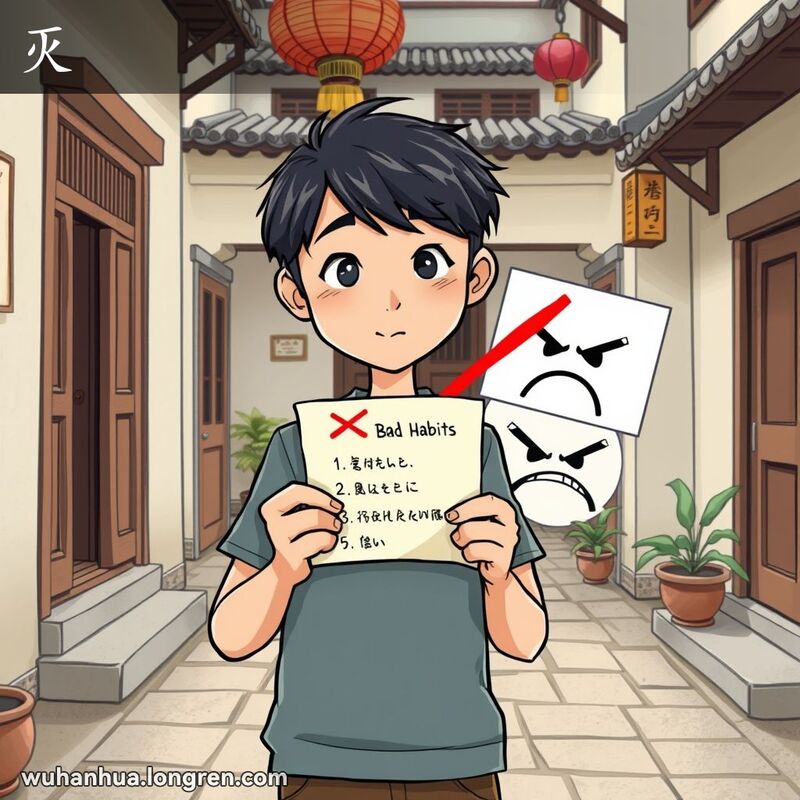 一位武汉年轻人站在传统庭院中，手持坏习惯清单，背景有红色“X”标记覆盖愤怒的脸，象征取消坏脾气。