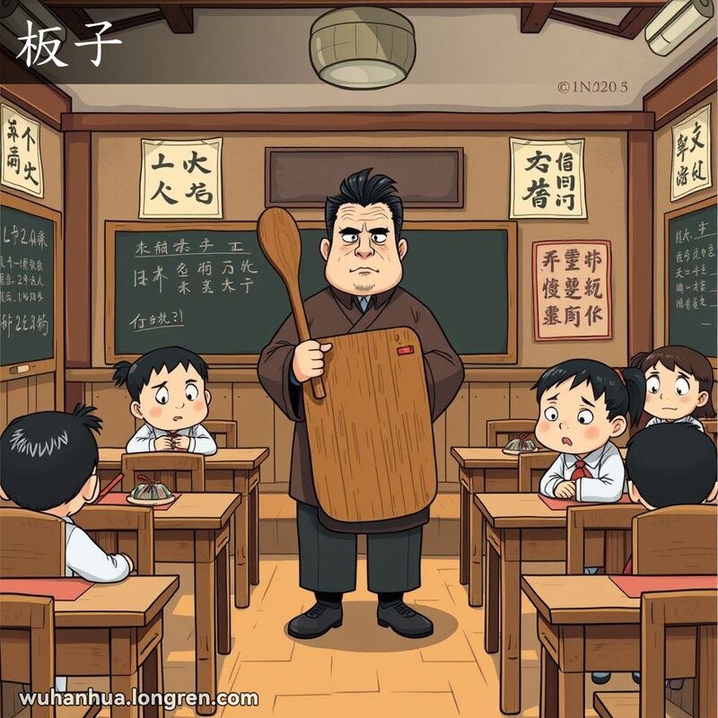 一位老师在传统教室中手持木板，学生们坐在座位上显得紧张
