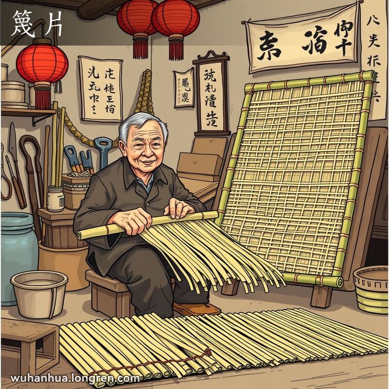 一位竹编工匠在工作坊中将竹子劈成薄片，背景有未完成的竹席和传统装饰