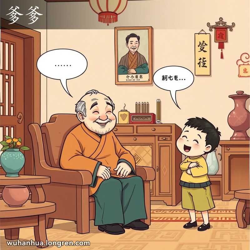 一个小孩在传统中国客厅里，抬头望着坐在椅子上的老人，喊着“爹爹”，背景有家庭照片和传统装饰