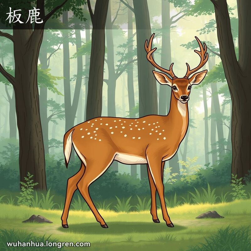 一只优雅的鹿站在茂密的森林中，展示了武汉方言“板鹿”的含义，背景是茂密的森林，阳光透过树叶洒下