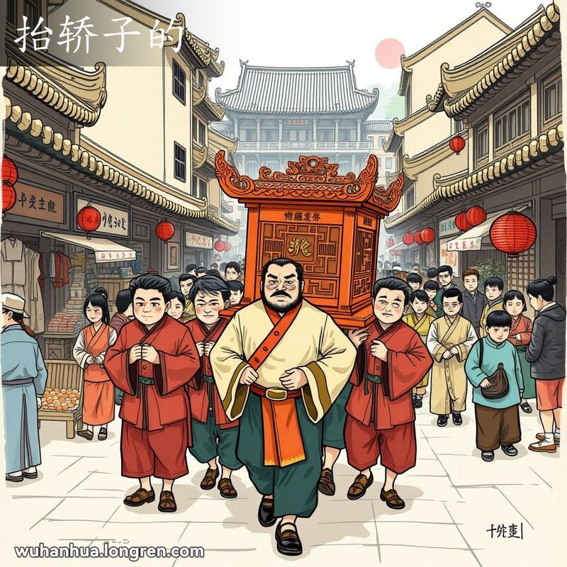 一群男子在武汉老街上抬着华丽的轿子，背景是忙碌的市场和穿着传统服饰的行人