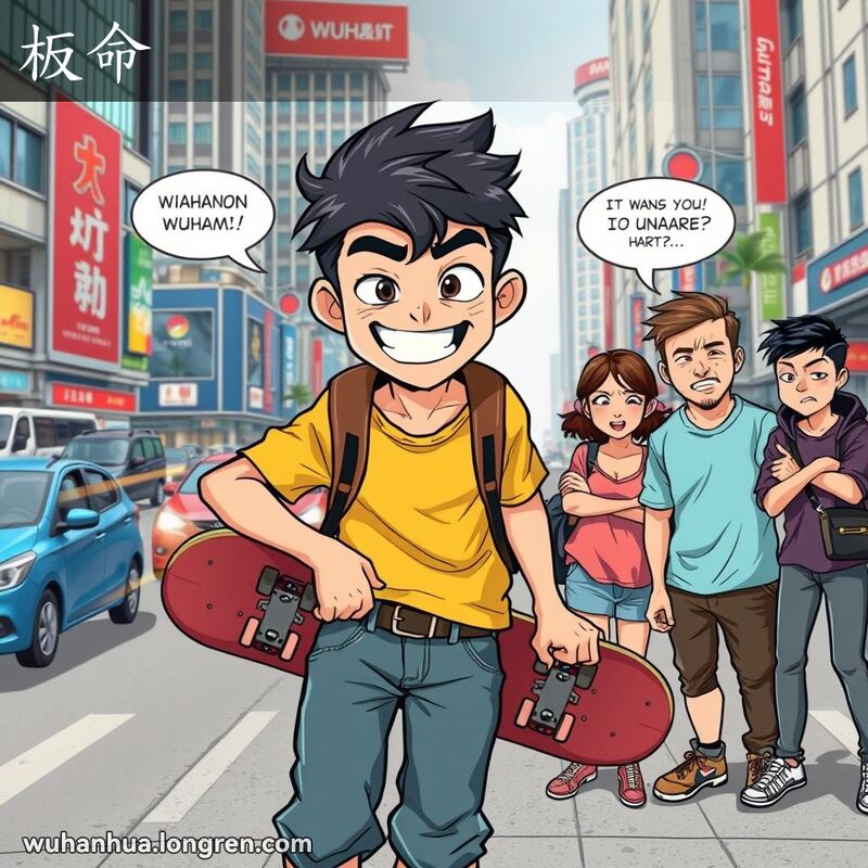 一位年轻人在武汉街头准备进行危险的滑板特技，朋友们露出担忧的表情，反映“板命”的语义。