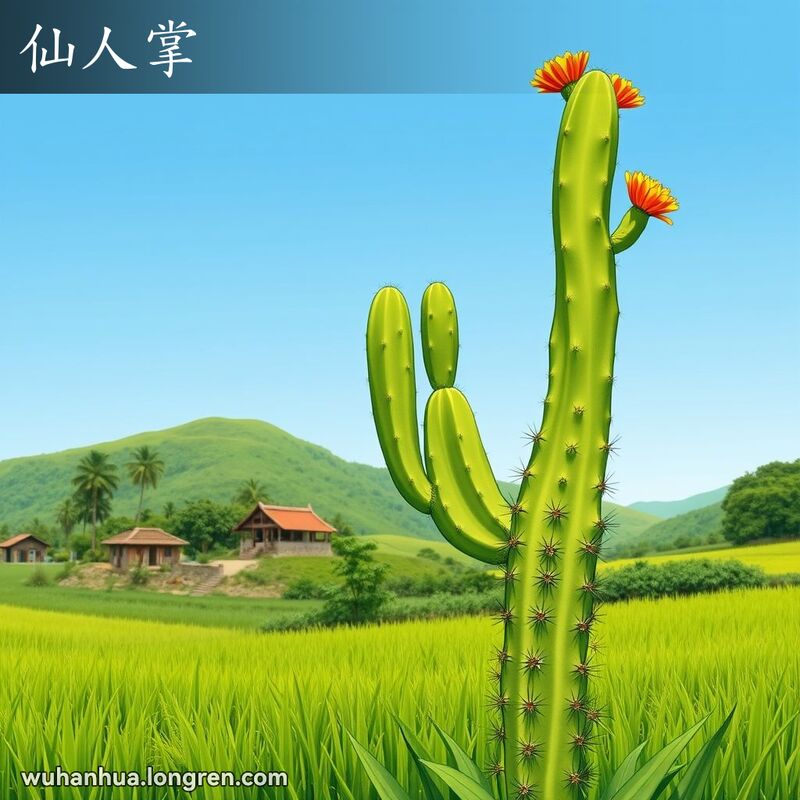 一片绿意盎然的南方乡村景象，前景中是一株生机勃勃的仙人掌，茎部呈长椭圆形，稍微扁平，像手掌一样，覆盖着尖刺，开着黄赤色的花朵。