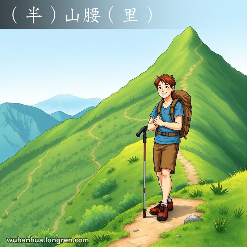 一位徒步旅行者站在绿意盎然的山腰上休息，背景是蜿蜒的山路和茂密的植被