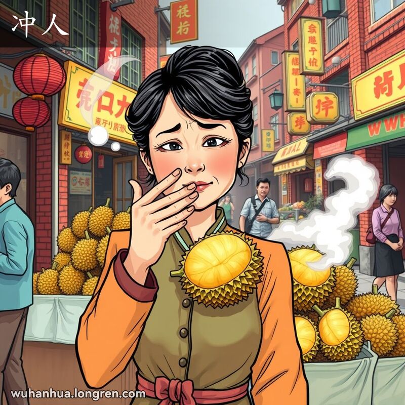 一位武汉女子在街市中捂住鼻子，试图驱散榴莲的强烈气味，背景是武汉老街景