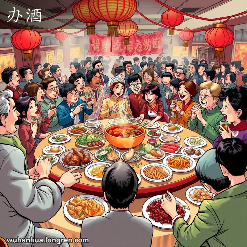 一场热闹的传统中式婚宴，桌上摆满美食，新郎新娘笑容满面迎接宾客，背景有红灯笼和喜庆装饰