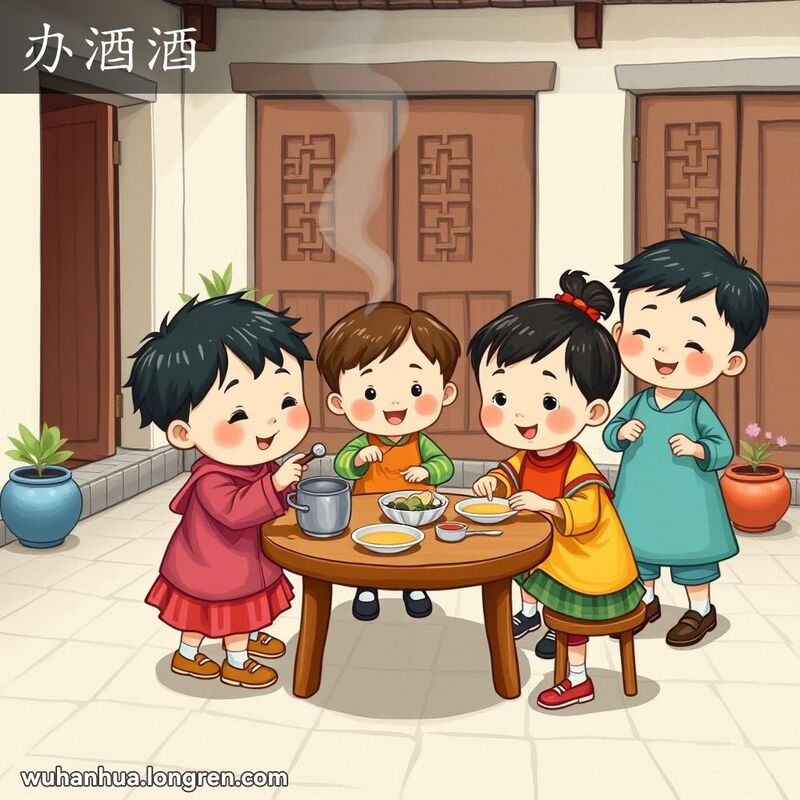 一群孩子在武汉传统院落中玩耍，模仿做饭、吃饭的游戏，背景是传统的武汉建筑