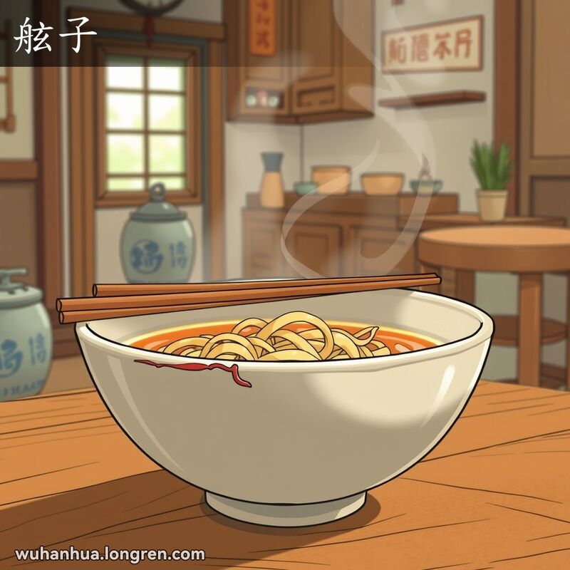 一个大瓷碗放在木桌上，碗沿稍有磕碰，碗里盛满热面条，背景是老式厨房