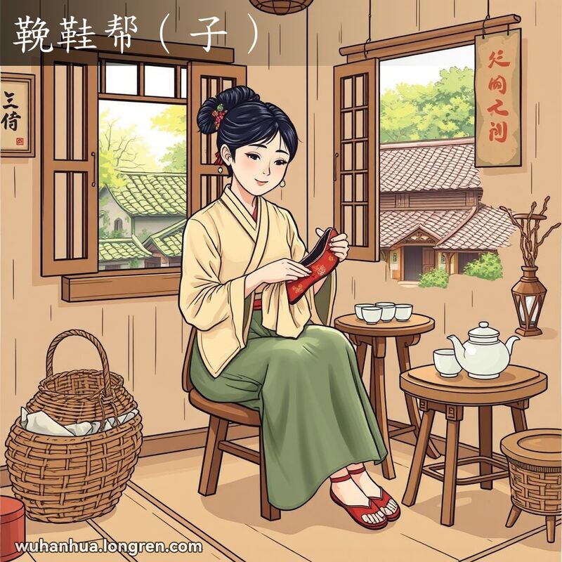一位武汉妇女坐在小木凳上，手持布和布鞋，将布蒙在鞋帮上，背景是温馨的老式房间和中式庭院