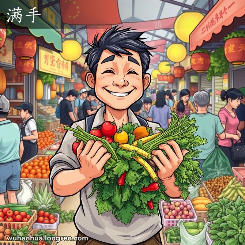 一位武汉男子在市场中双手捧着一大捆蔬菜，背景是繁忙的市场摊位和顾客