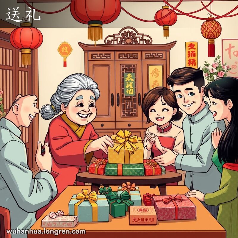一个传统的武汉家庭聚会场景，老奶奶微笑着送礼物给年轻夫妇，背景有红灯笼和中式家具。