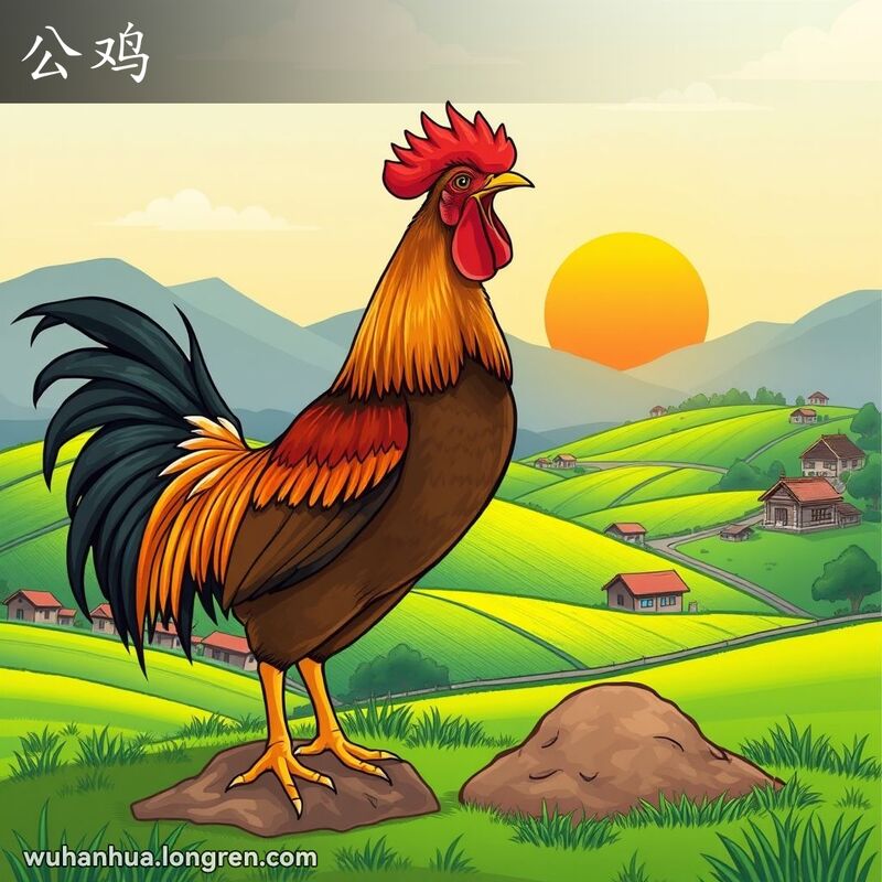 一只骄傲的公鸡站在田野上，背景是武汉乡村的田园风光