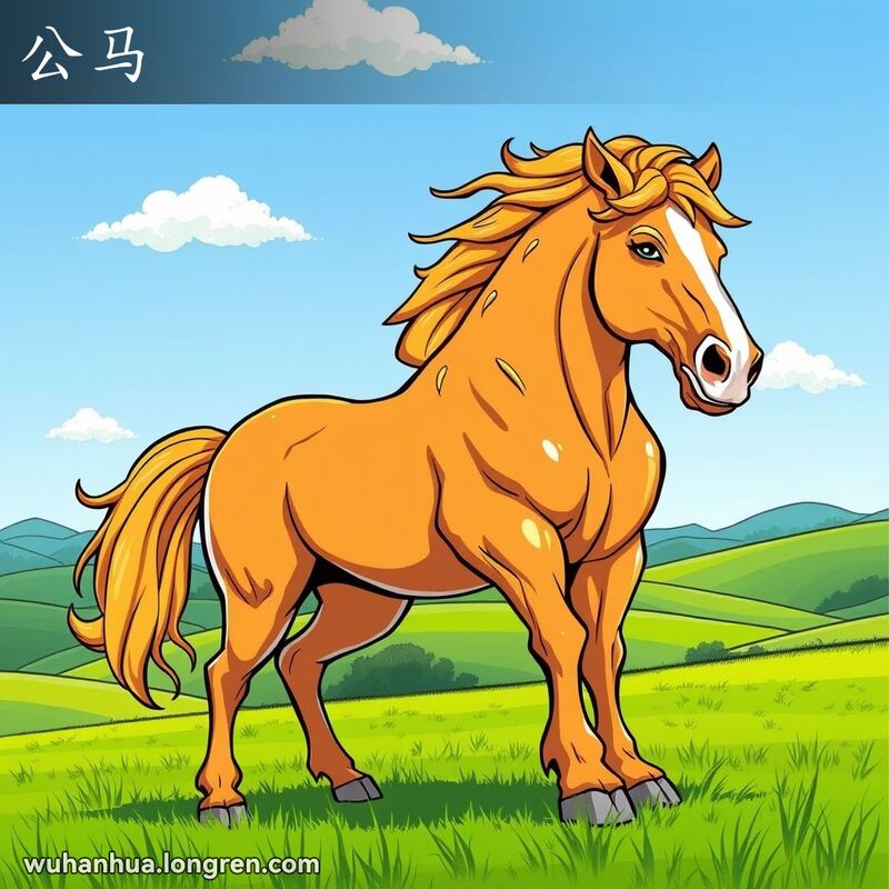 一匹强壮的公马站在绿色草地上，背景是起伏的山丘和蓝天