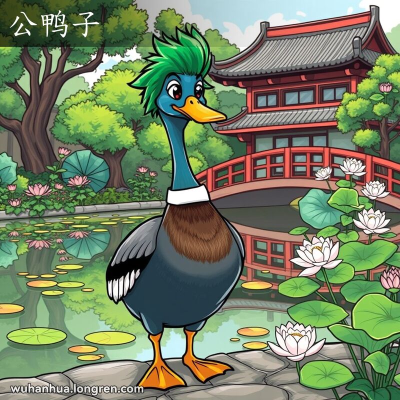 一只雄性的鸭子站在武汉园林的池塘边，背景有荷花和木桥