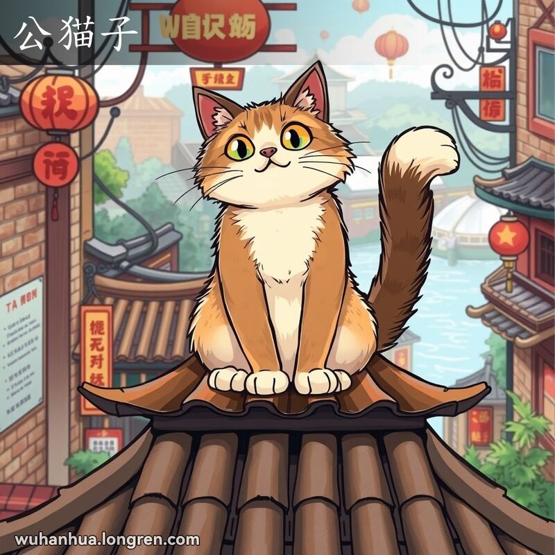 一只骄傲的公猫坐在传统中国瓦片屋顶上，尾巴高高竖起，背景是武汉老街景。