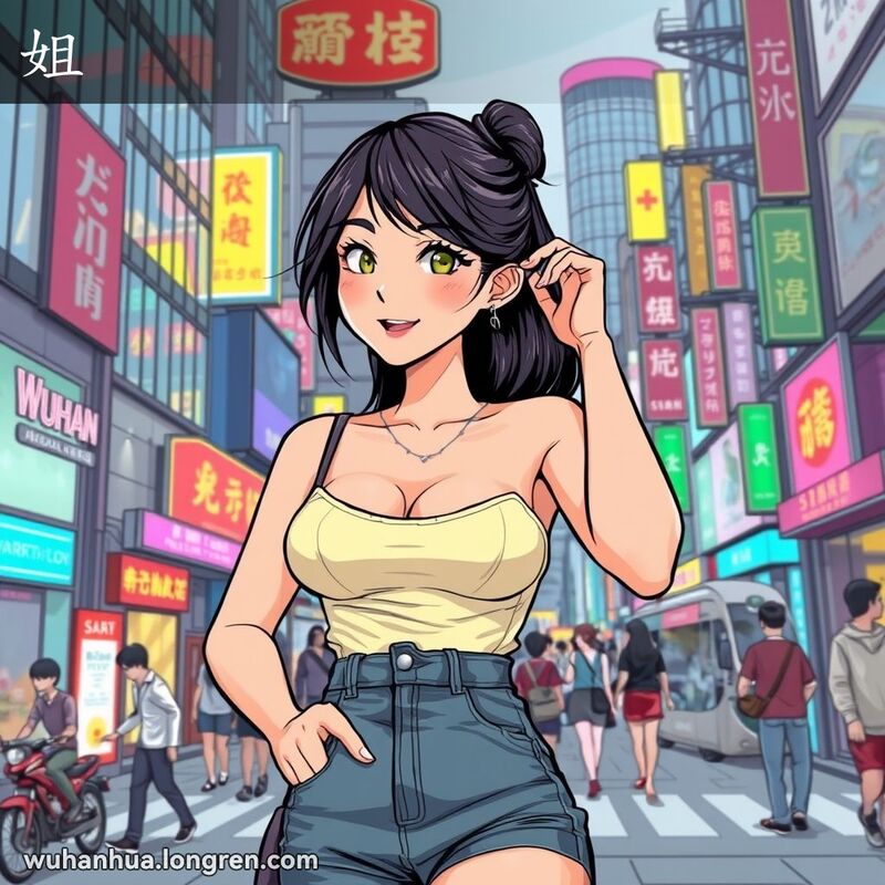 一位年轻的武汉女子在繁忙的城市街头，表情轻佻，背景是现代化的建筑和霓虹灯