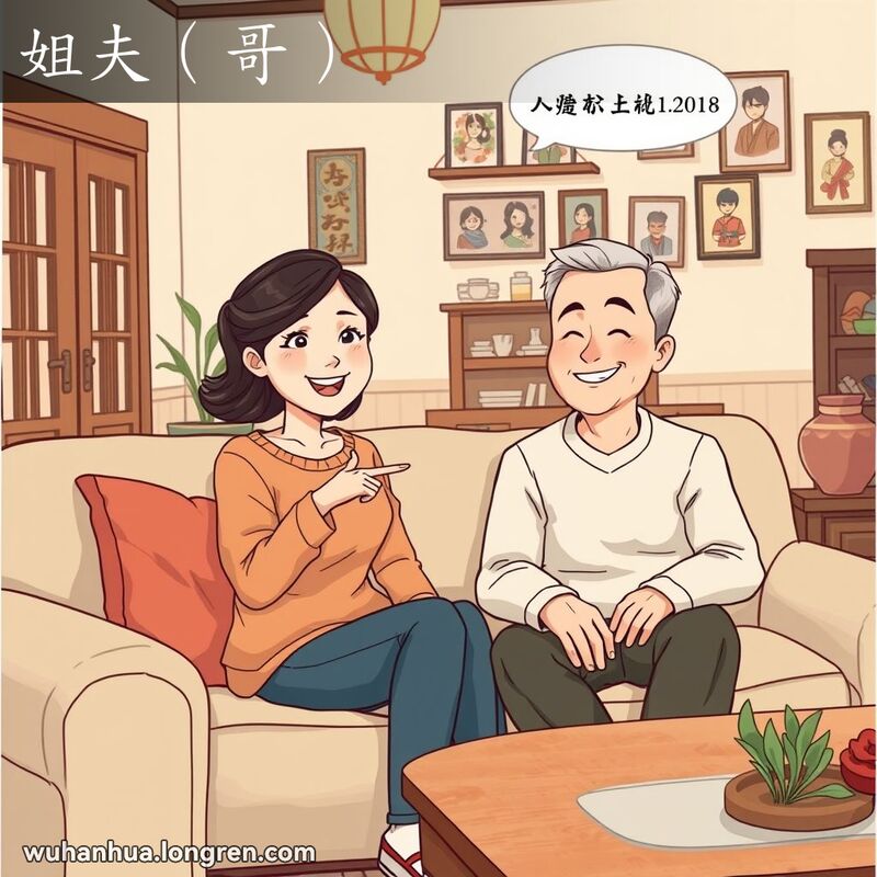 一位年轻女子在家庭聚会中，微笑着介绍她的姐夫，背景是温馨的武汉家庭客厅